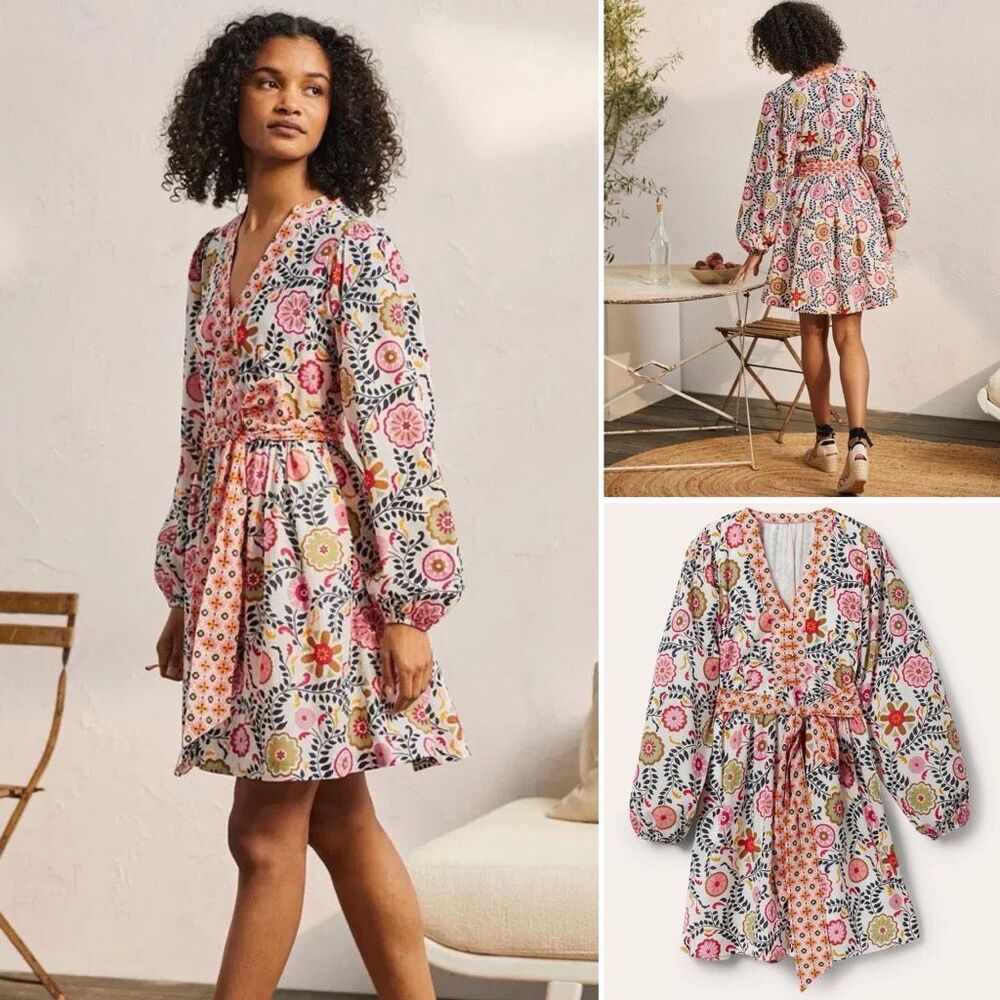 Boden Notch Neck Cotton Floral Dress Belted Fit & Flare D0098 Size 10R - Picture 12 of 13